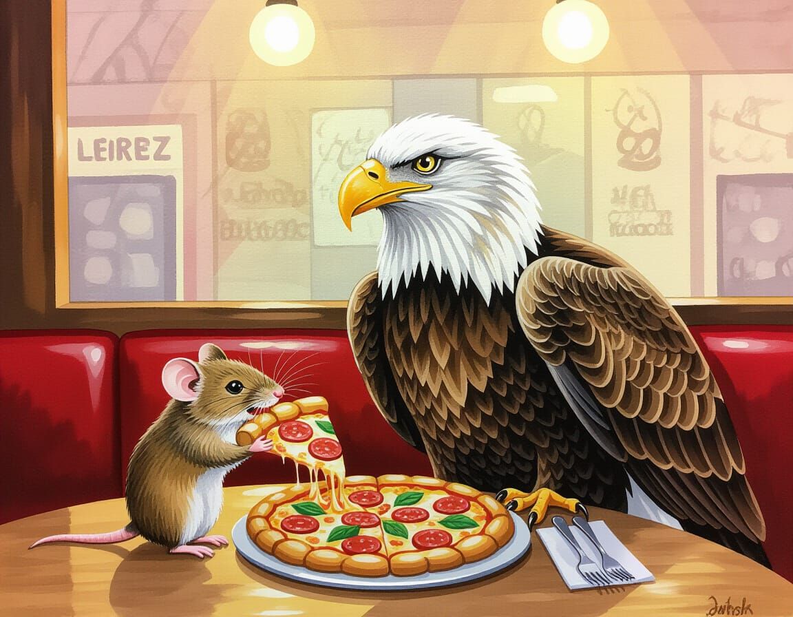 Mouse and Eagle Share Pizza in Restaurant, Oil and Watercolo...