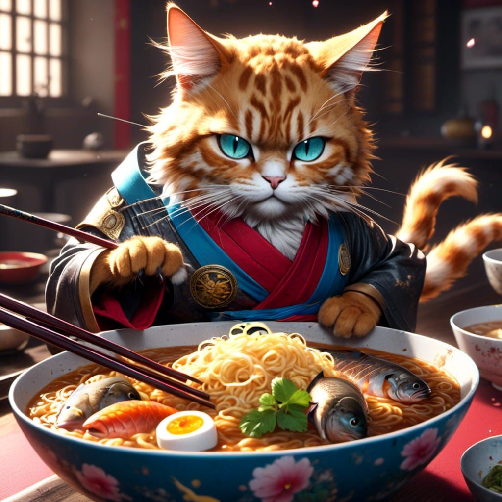 Karate Cat Eats Ramen with Chopsticks