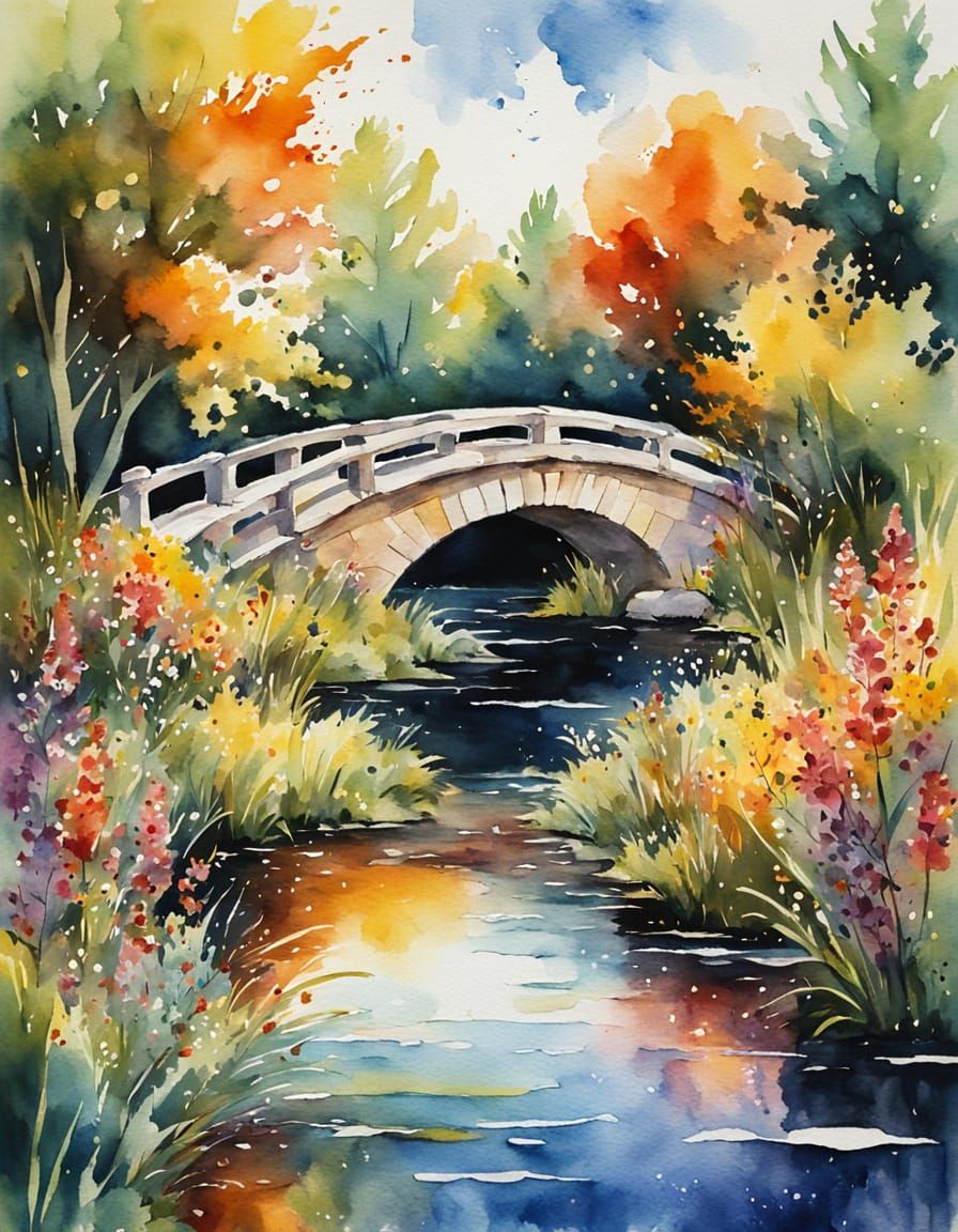 Expressionist Watercolor of Manor and Autumn Wildflowers