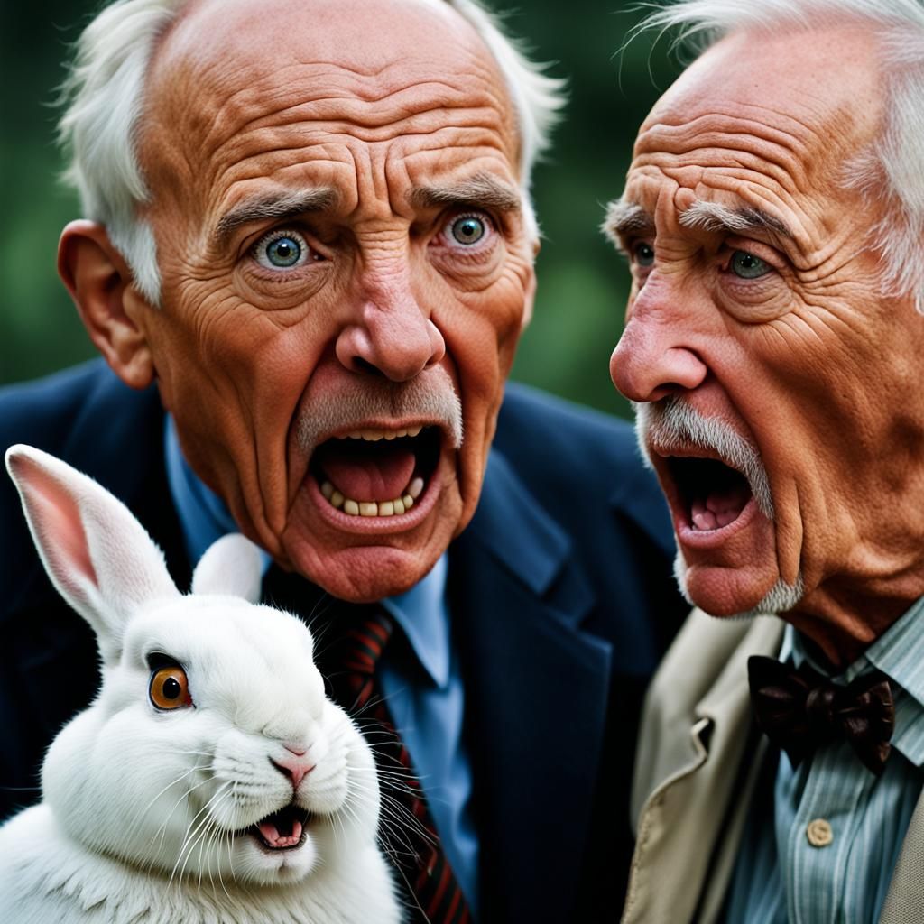 Old man yelling at a white rabbit
