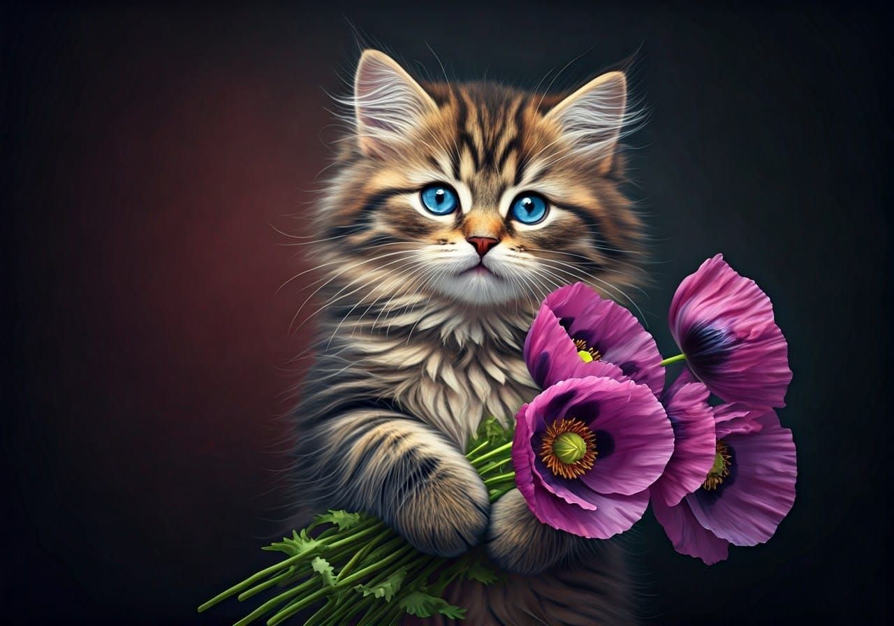Whimsical Kitten Admires Purple Poppies in Darkened Setting