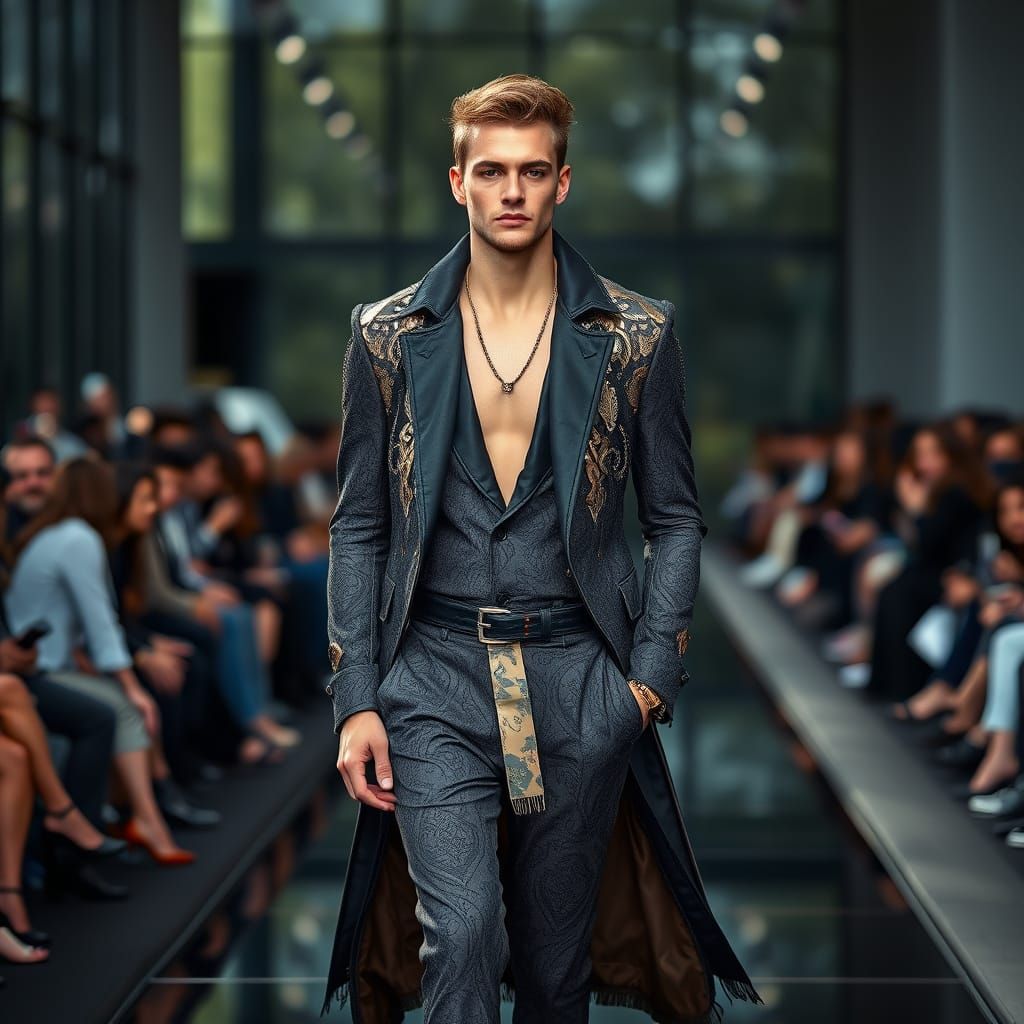 Confident Male Model Struts High-Fashion Outfit on Catwalk
