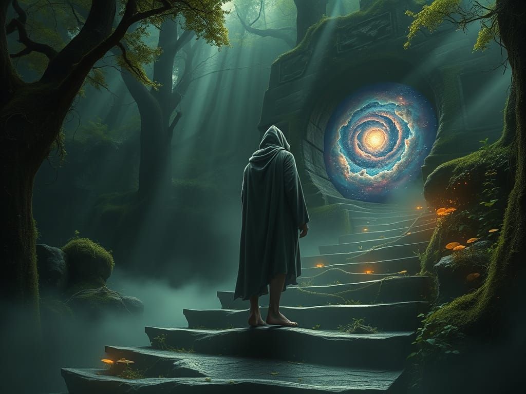 Mysterious Traveler on Ancient Forest Staircase