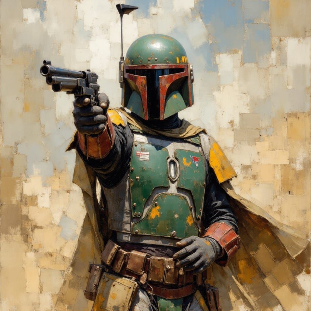 Boba Fett in Battle-Worn Armor Aiming Blaster in Desert