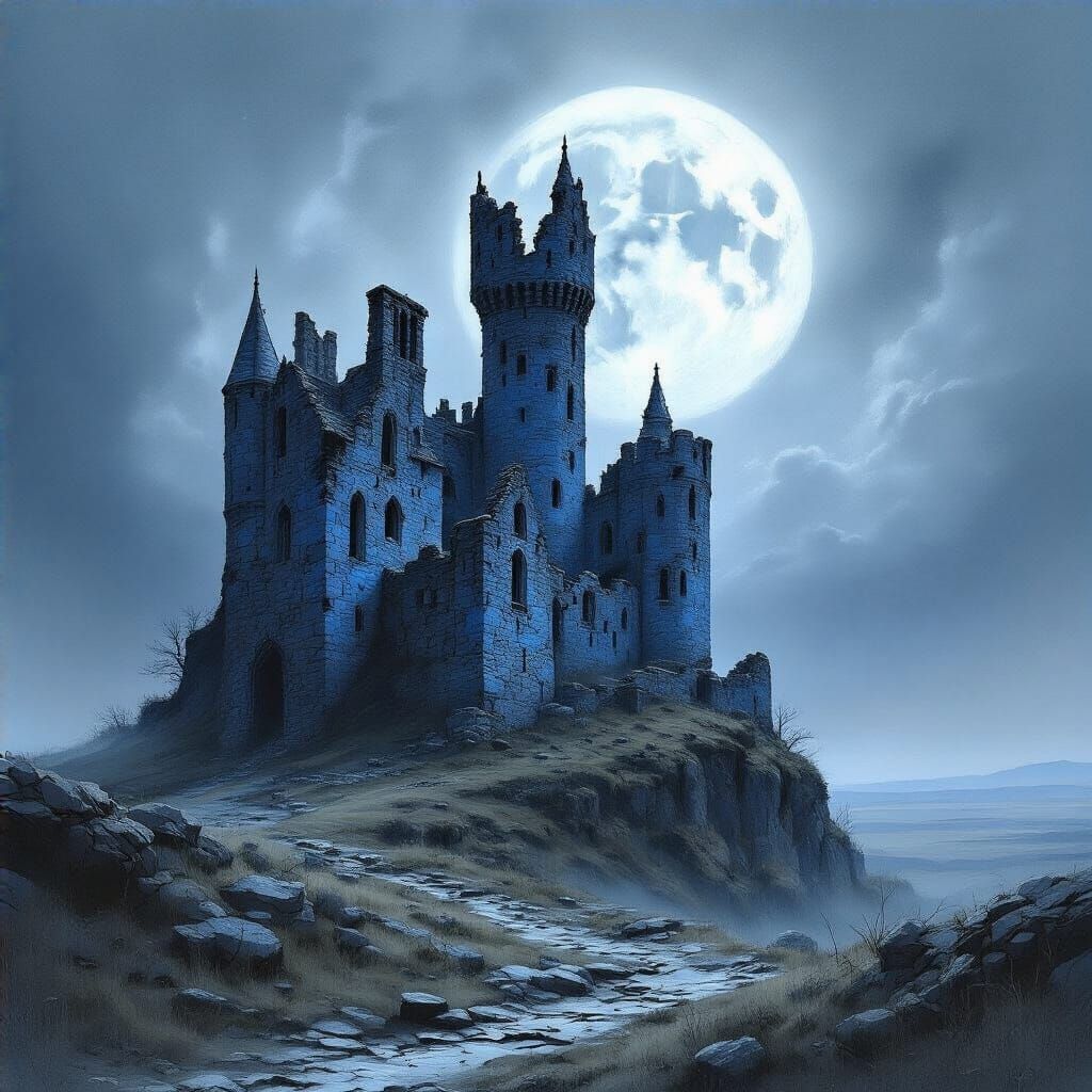 Ruined Castle Under Silver Moonlight on Windswept Hill