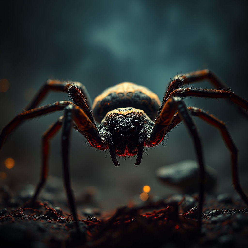 Eerily Lit Spider in Dark Hyperrealistic Style