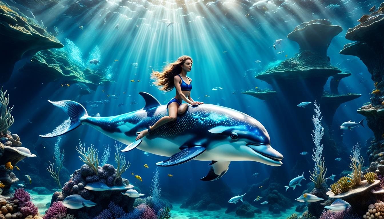 Crystal Mermaid Riding Dolphin in Underwater Photo