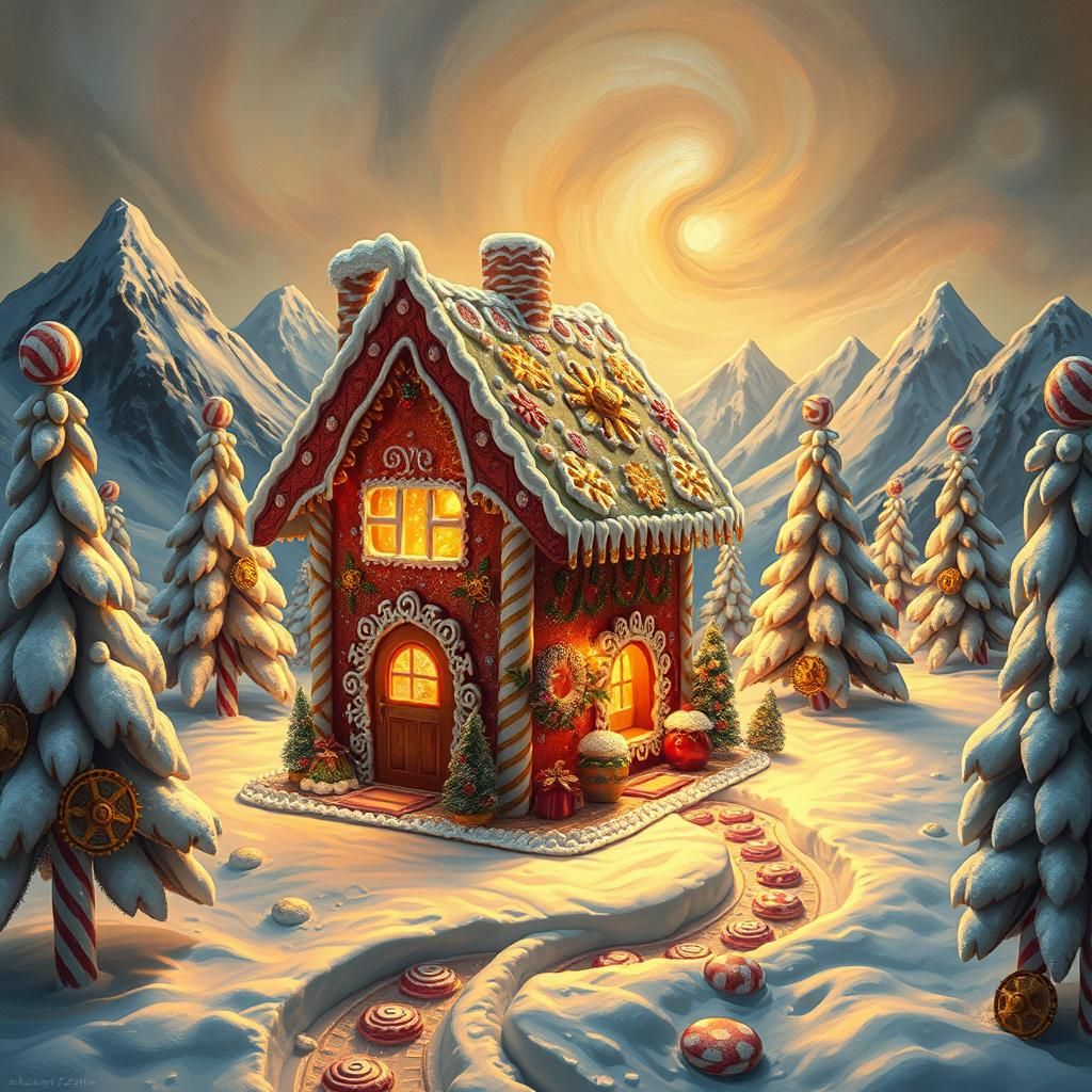 Gingerbread House in a Surrealist Winter Wonderland