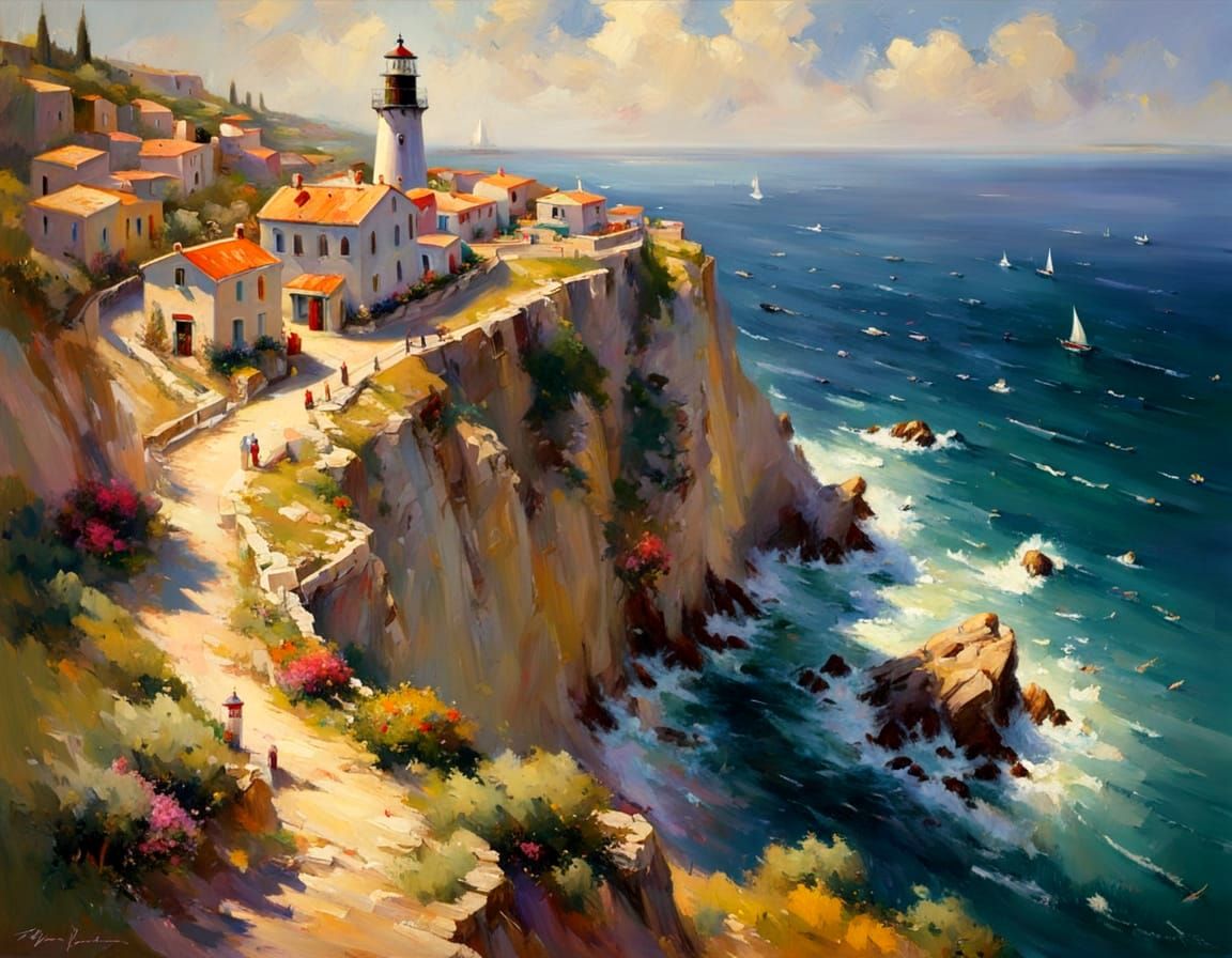 Coastal Lighthouse Bird's Eye View as Impressionist Oil Pain...