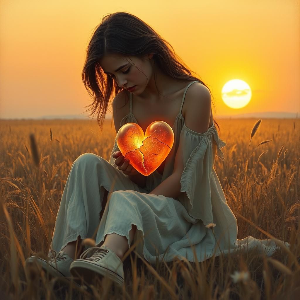 Sorrowful Woman in Field Recalling Lost Love