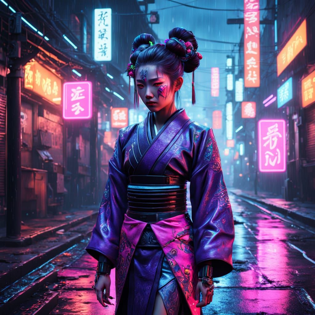 Cyborg Geisha Weeping in Neon Alley: Digital Art