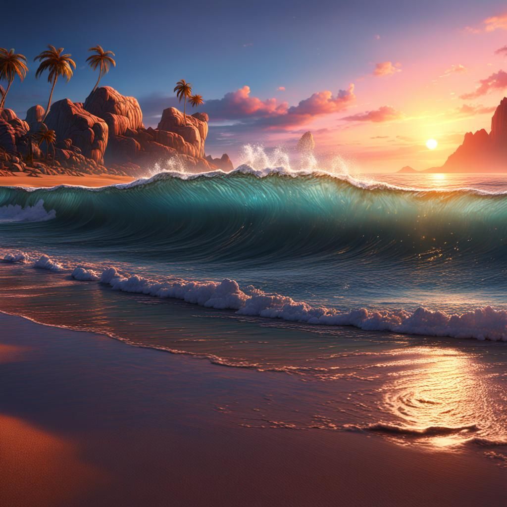 Detailed Sunset Beach Digital Matte Painting