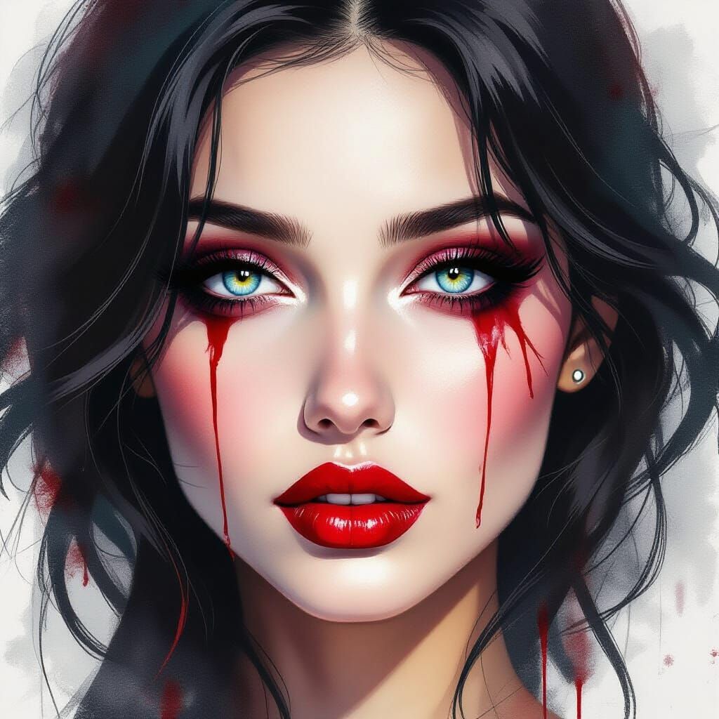 Dark Beauty Portrait with Red Lips in Watercolor Style