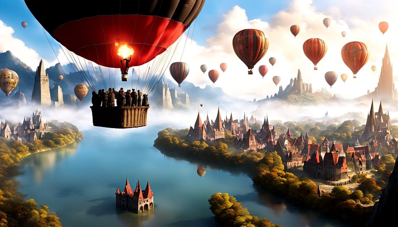 Magical Balloon Soars Over Whimsical Fairy Cities
