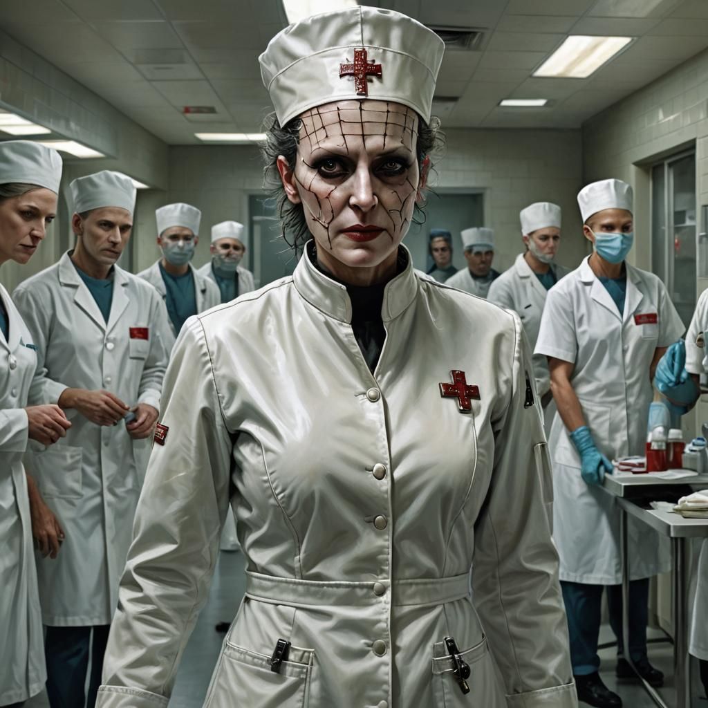 A hyperrealistic full faced Female Pinhead from the "Hellrai...