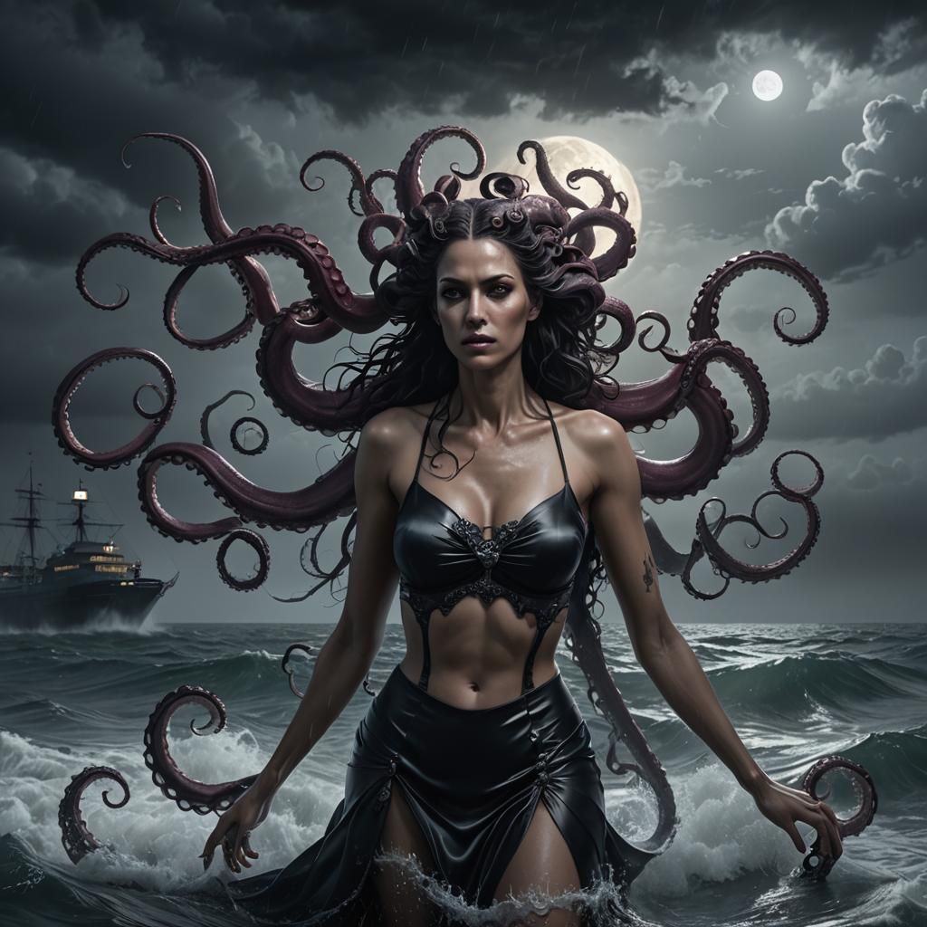 Octopus-Headed Goth Woman in Noir Style