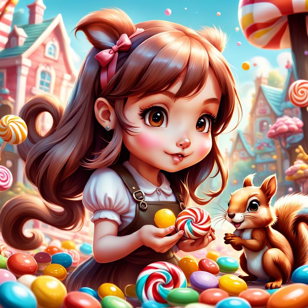Chibi Girl and Squirrel in Candy Land