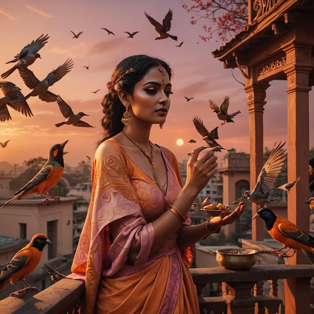 Sunset Body Art: Woman Feeding Birds, Digital Painting
