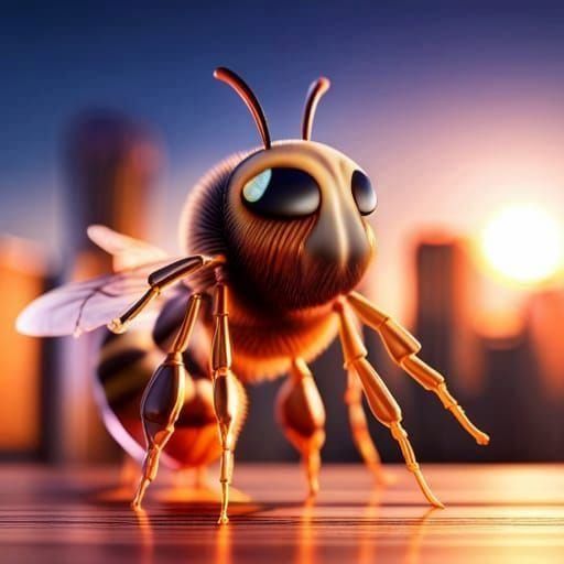 Macro Bee with Cityscape in Ultra-Realistic 3D