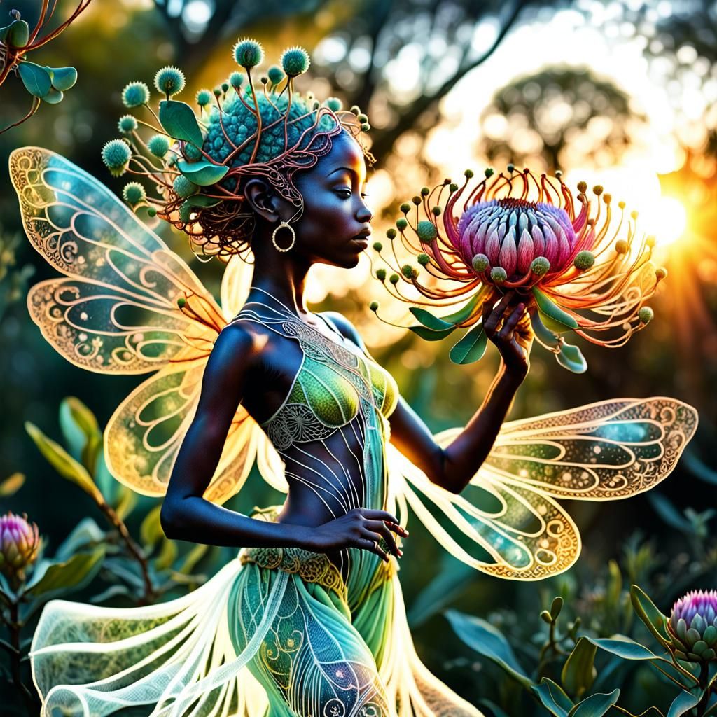 Backlit Fairy with Flowers and Sunset in Alcohol Inks