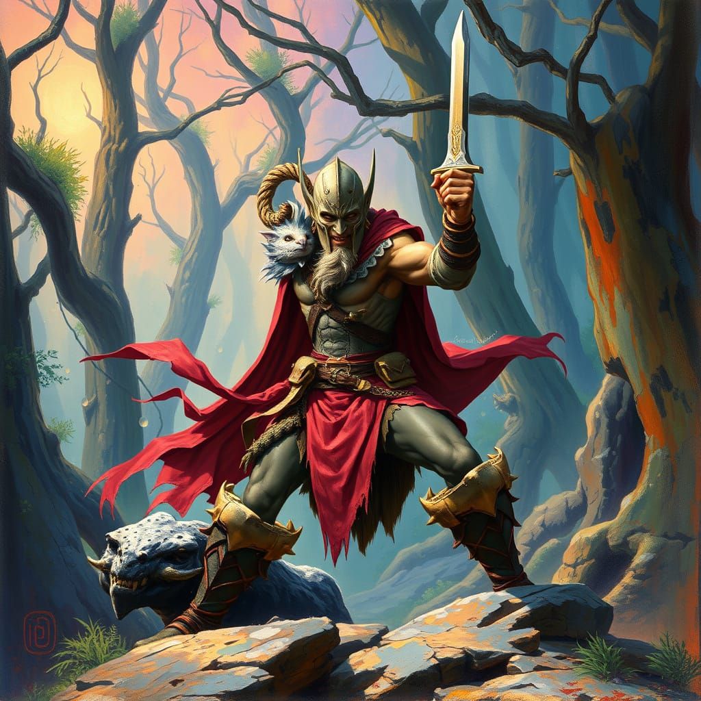 Fantasy Warrior in Mystical Forest, Vibrant Art