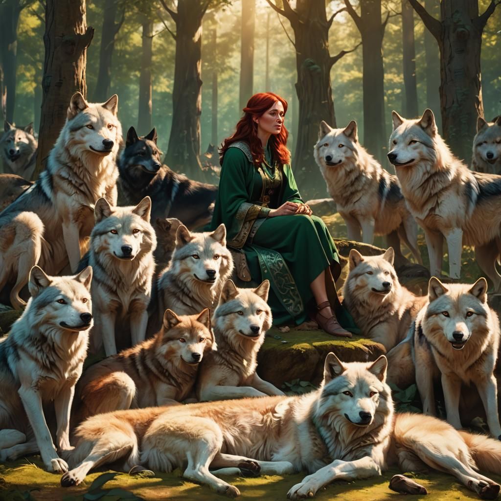 Fantasy Lady with Wolves in Forest Clearing
