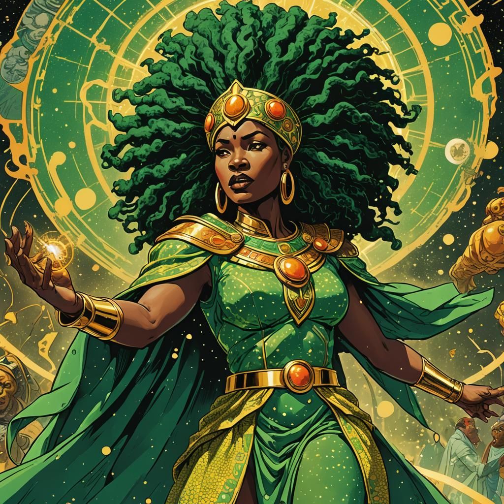 Nubian Sorceress Summoning Astral Lion in Retro Comic Style