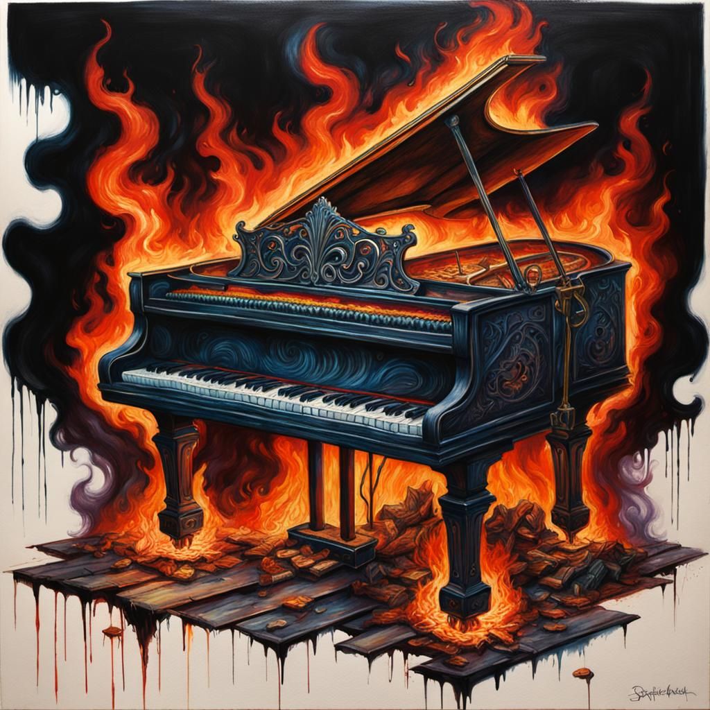 Burning Piano: Gothic Oil Painting in Dark Academia Style