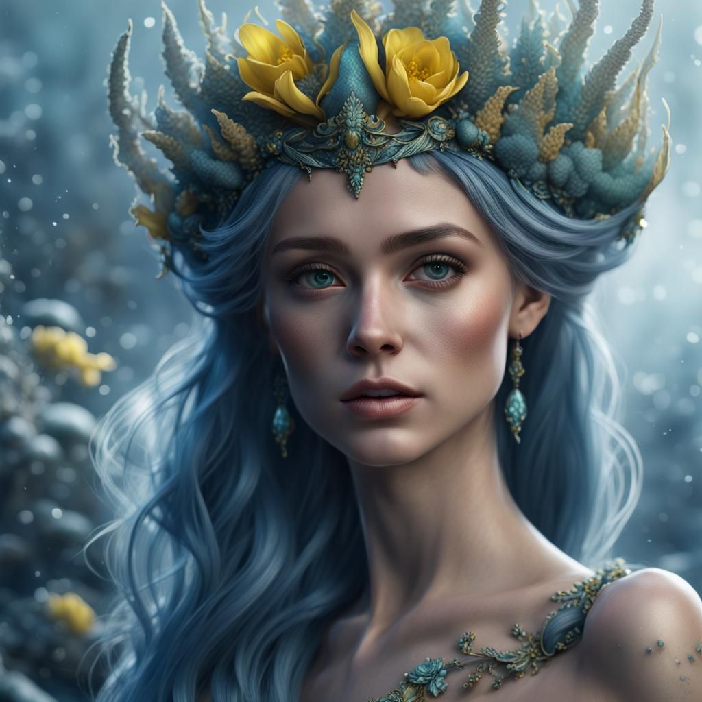Hyperrealistic Mermaid with Winter Aconite Tiara