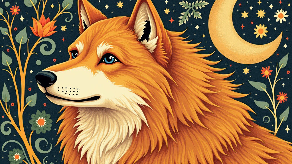 Golden Retriever Wolf in Bilibin-Inspired Folk Art
