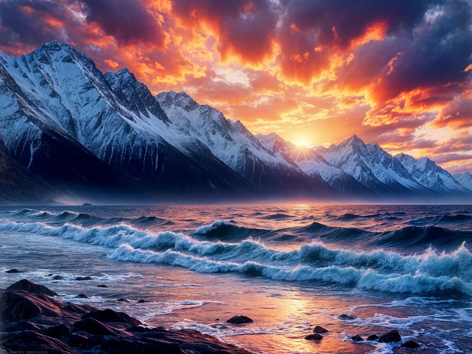 Fiery Sunset Over Ocean and Mountains