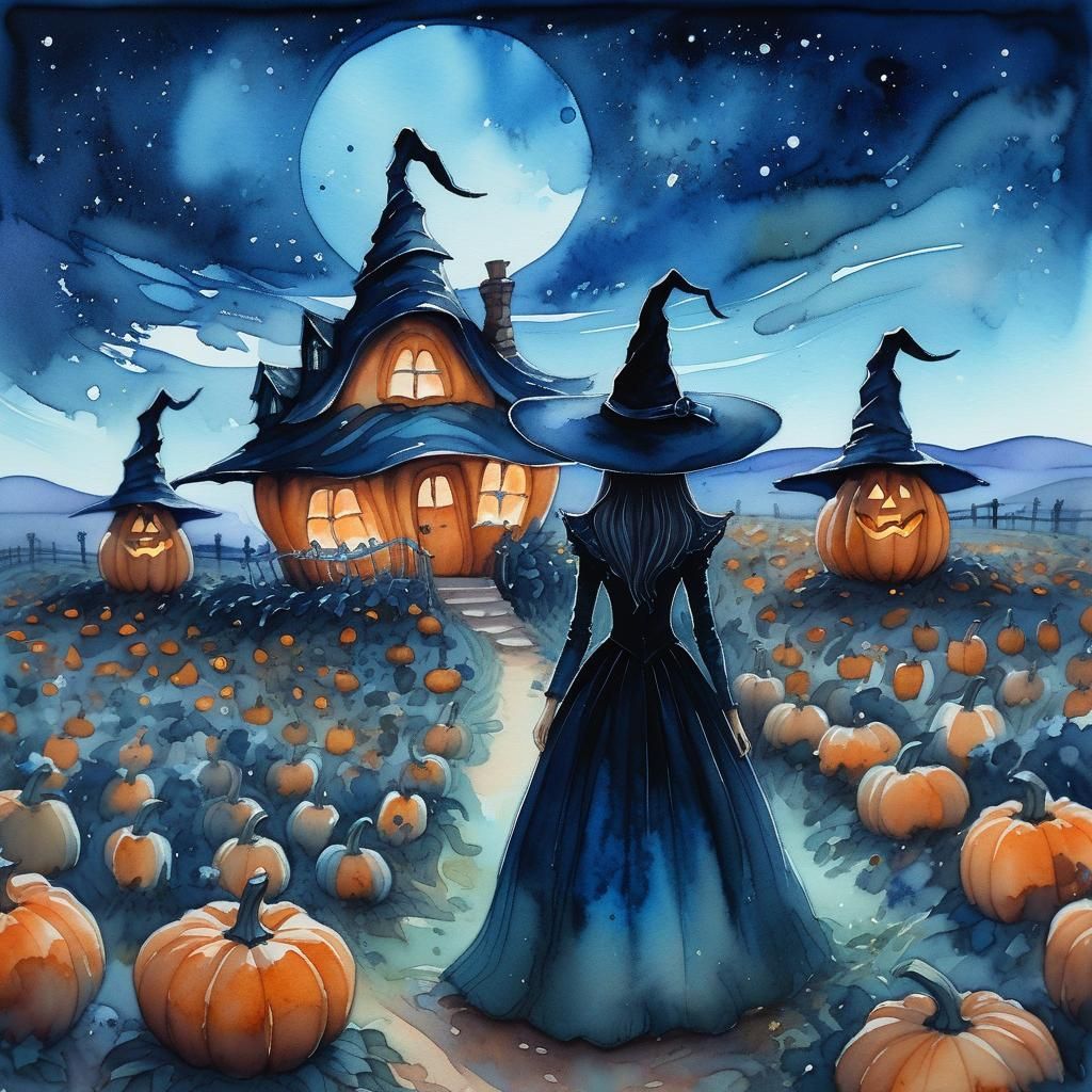 Eerie Witch on Pumpkin House in Watercolor