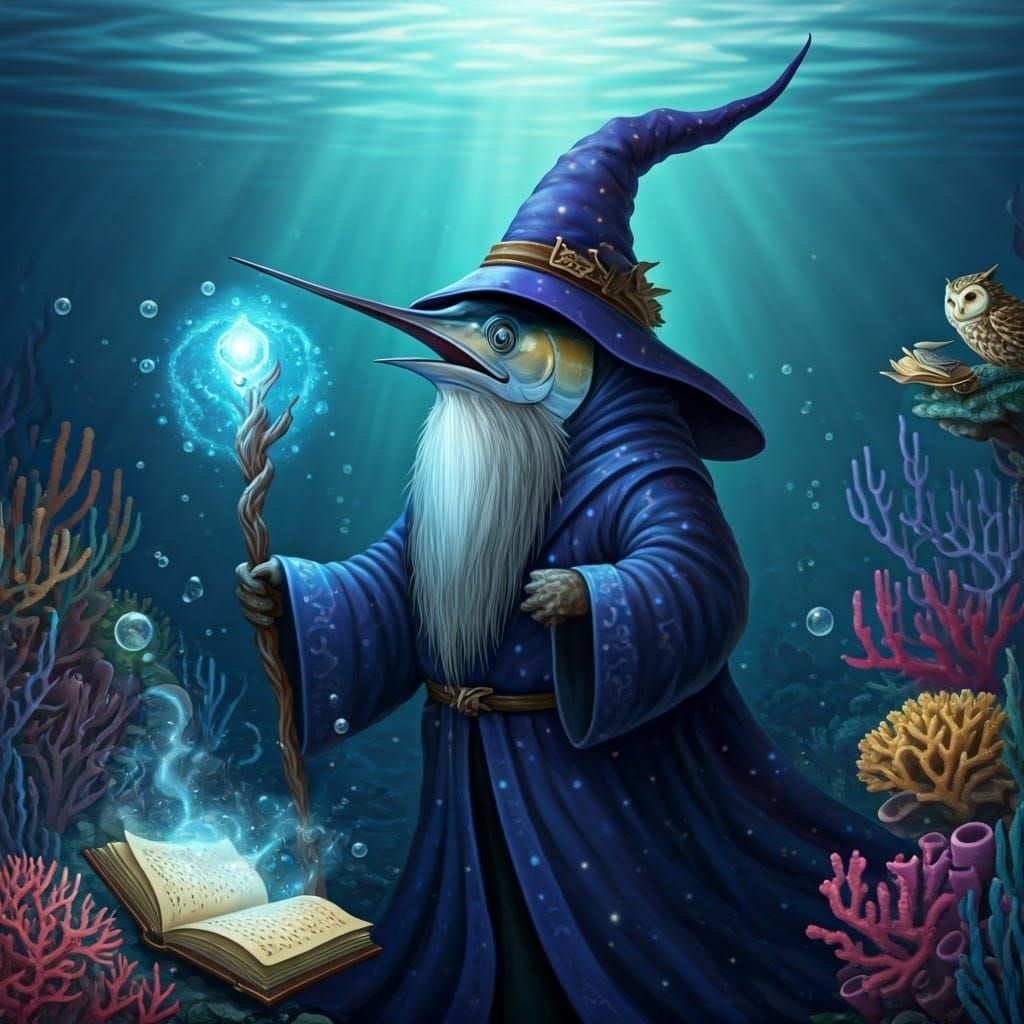 Marlin Wizard with Magical Staff in Underwater Scene