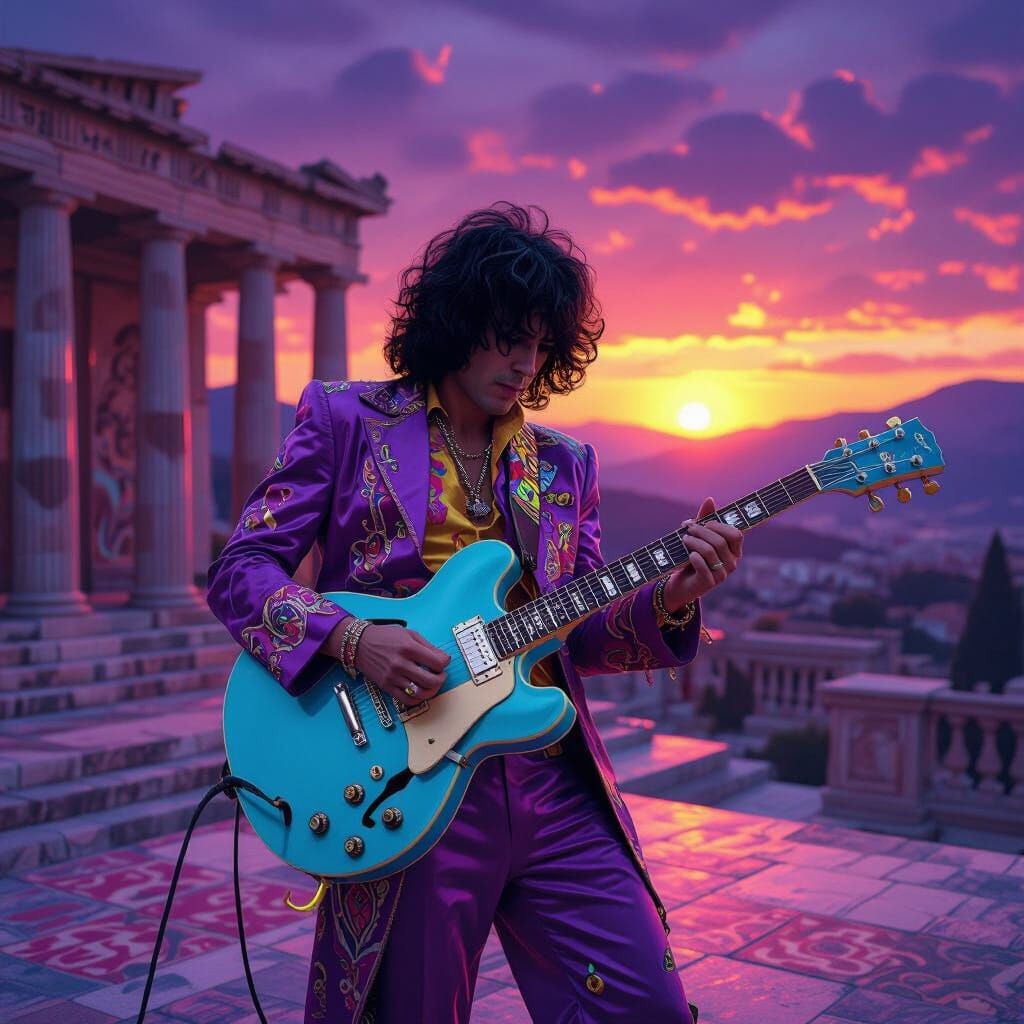 Psychedelic Rocker in Ancient Greek Palace Sunset