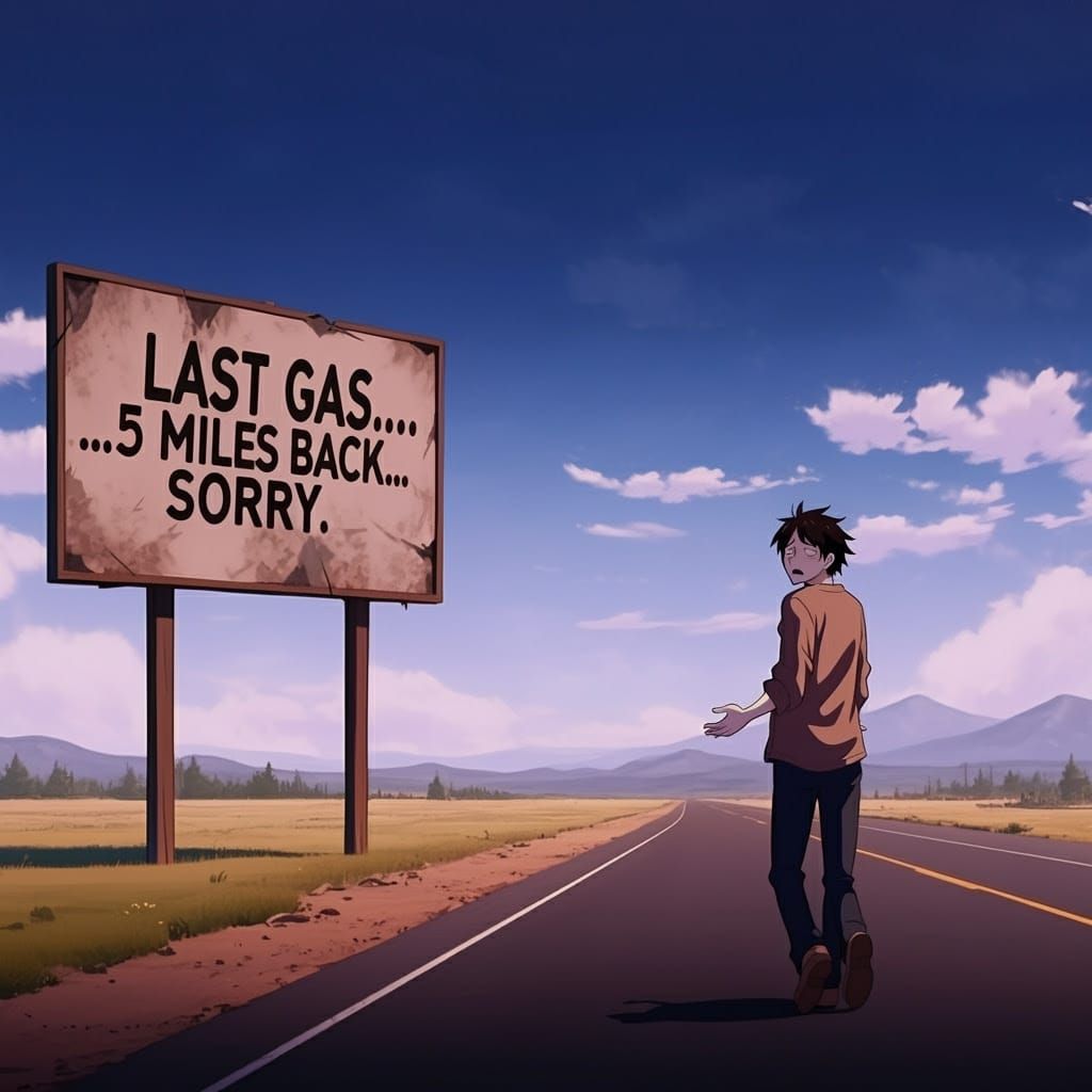 Last Gas Sign in Abandoned Road with Relatable Anime Charact...