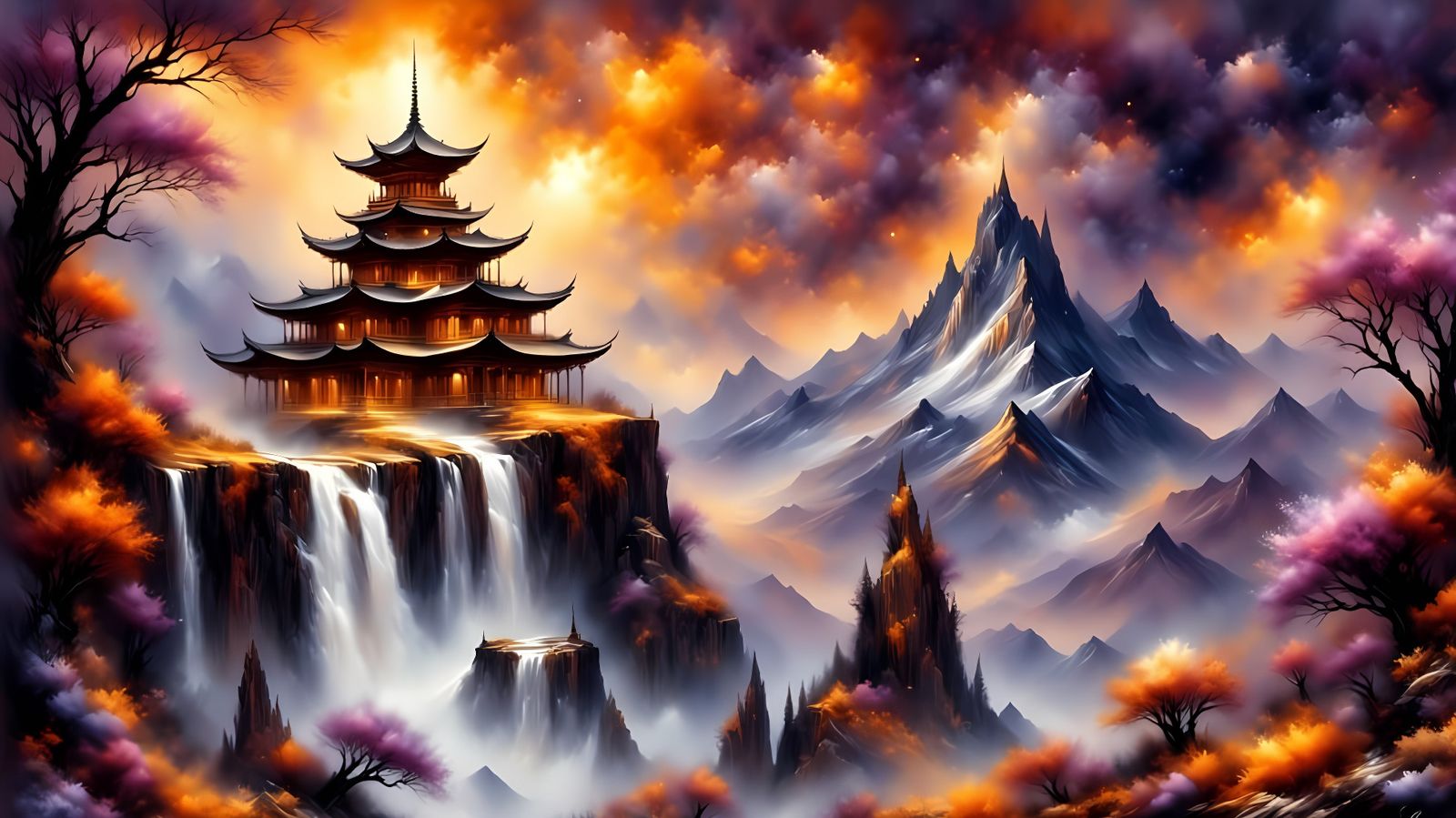 Celestial Pagoda in Mountain Landscape, Chinese Fantasy