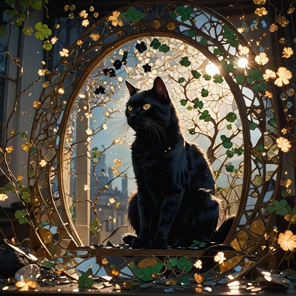 Mystical Black Cat and Four-Leaf Clover in Art Nouveau Style