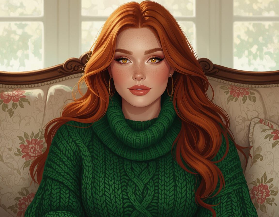 Ginger Woman in Green Sweater on Couch, Digital Art