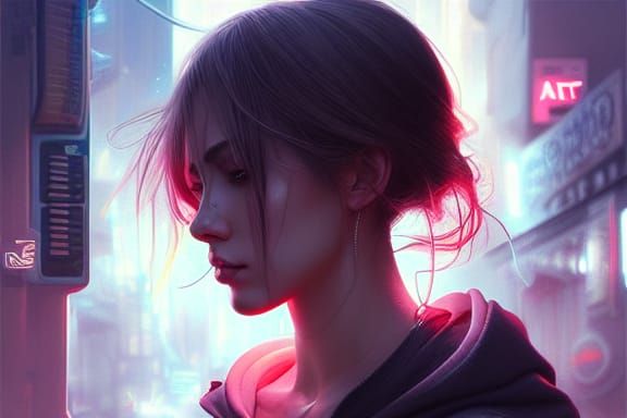 Beautiful Woman Lost in Crowded Neon Street