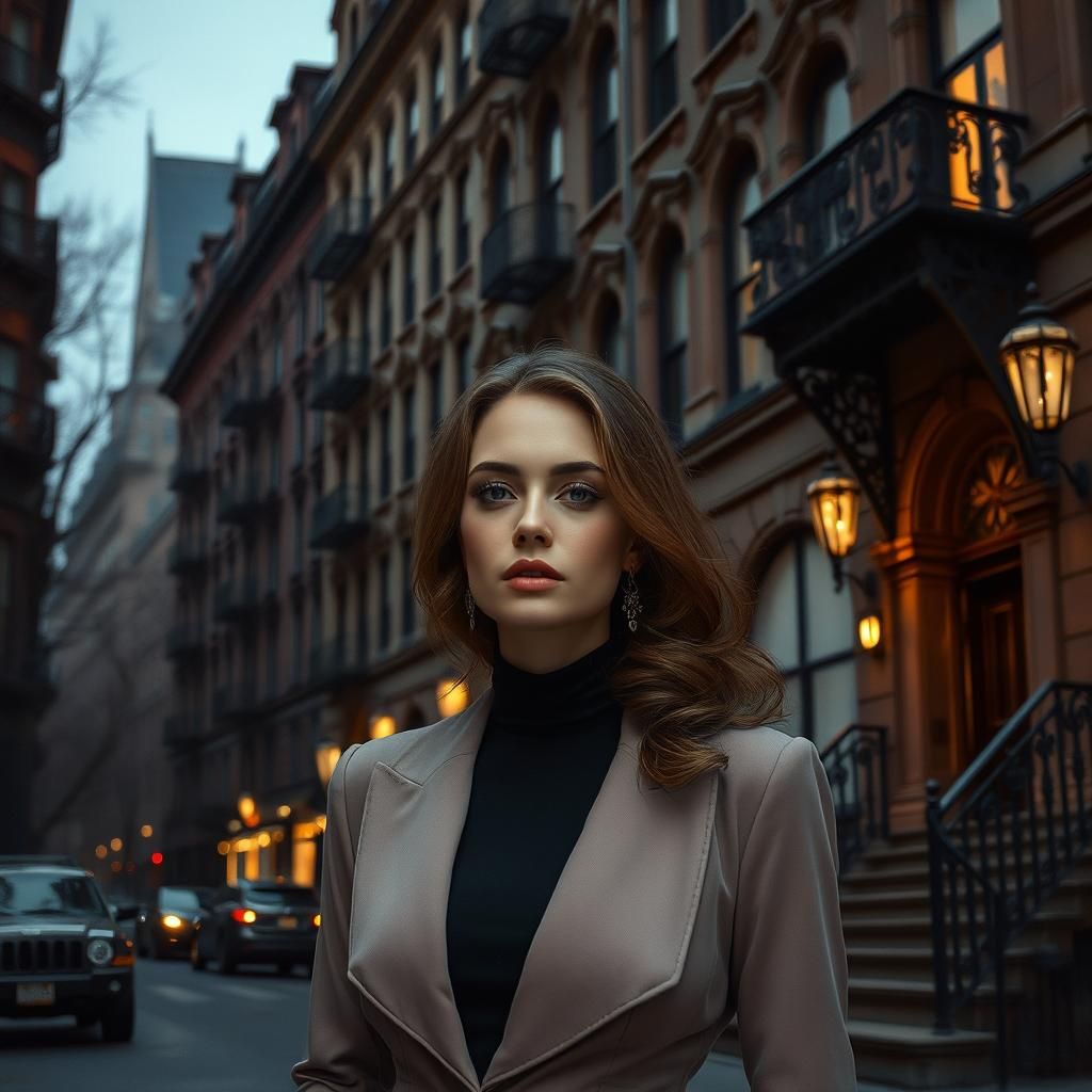 Elegant Woman in Quiet Uptown Dusk, Photorealistic