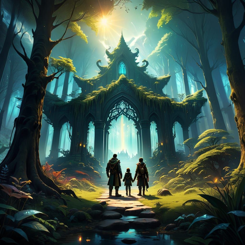 Mystical Family Standing Together in Vibrant Forest