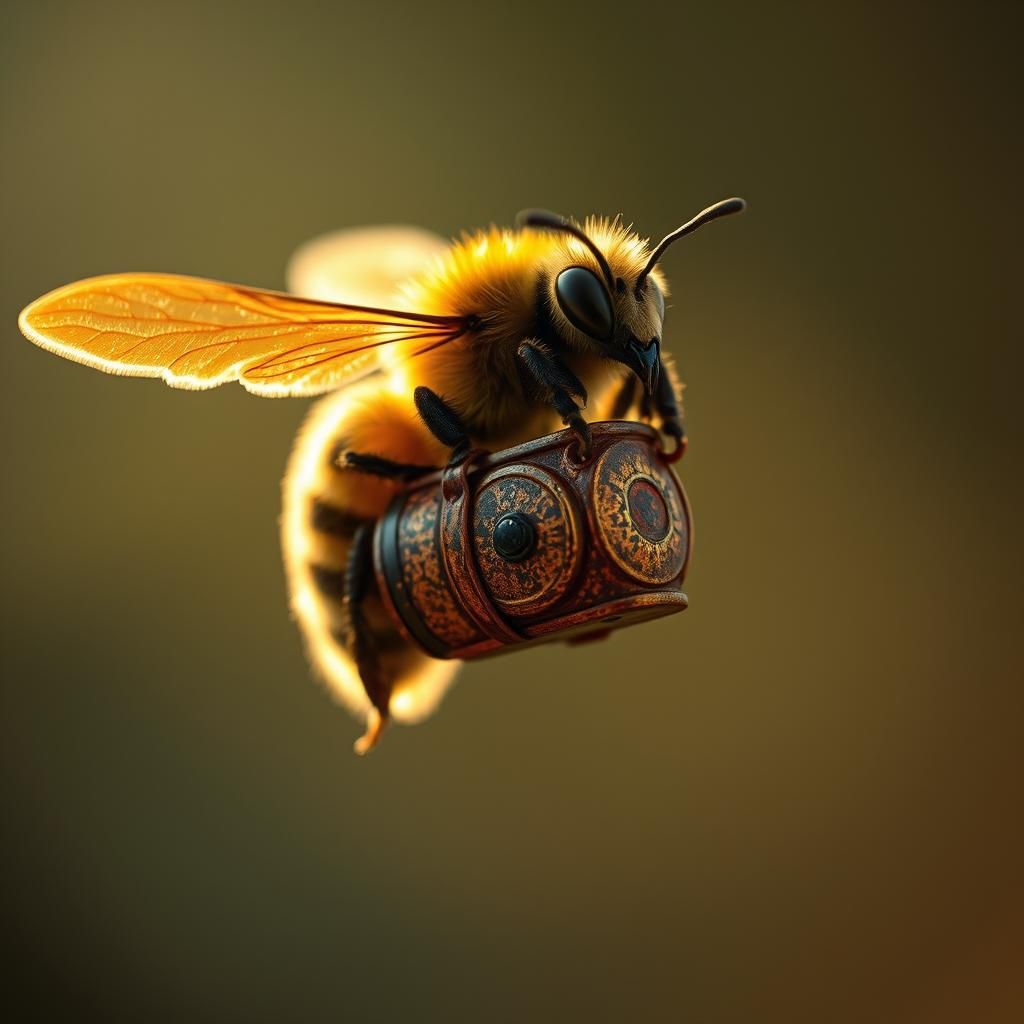 Bee in Flight with Oil Drum, Cinematic Lighting
