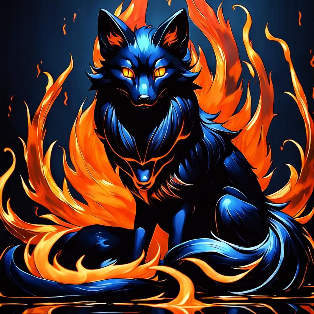 Dark Kitsune in Schiele Style with Fiery Eyes
