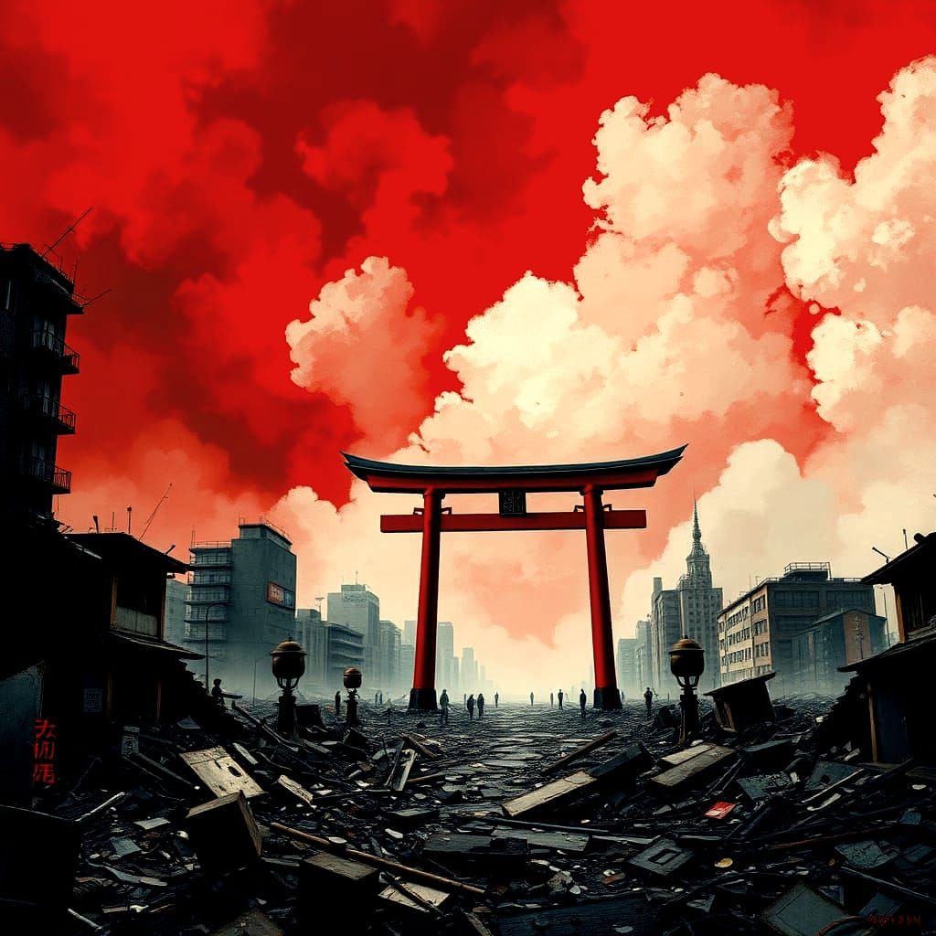 Apocalyptic Japanese Metropolis in Ruin with Lone Torii Gate