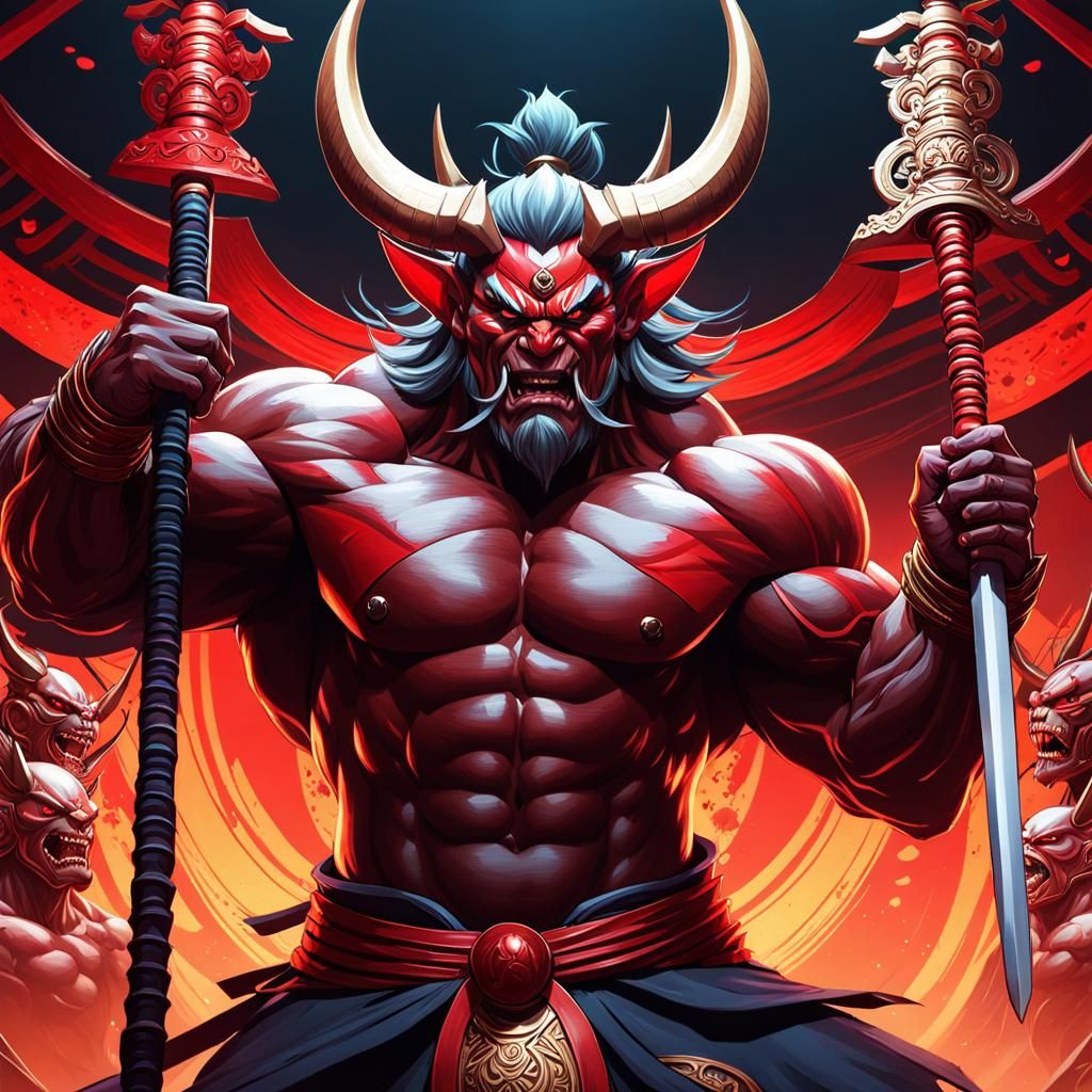 Muscular Oni Warrior Confronts Samurai Army