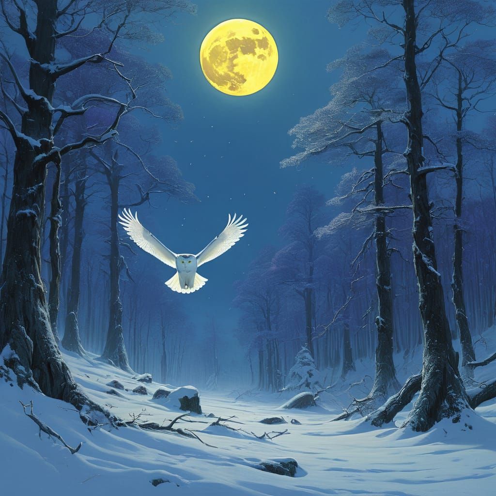 Ethereal Snowy Owl in Flight Amidst Swirling Snowflakes