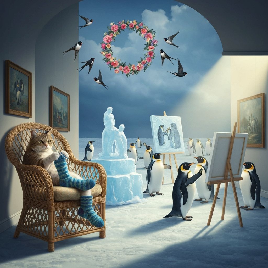 Whimsical Scene: Cat Knitting, Penguins Sculpting, Swallows ...