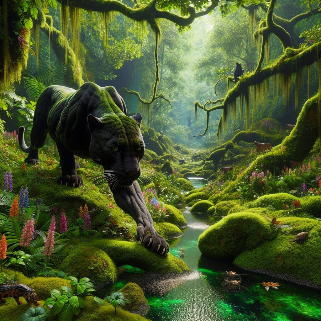 Panther Stalking Prey in Hyperrealistic Jungle Scene