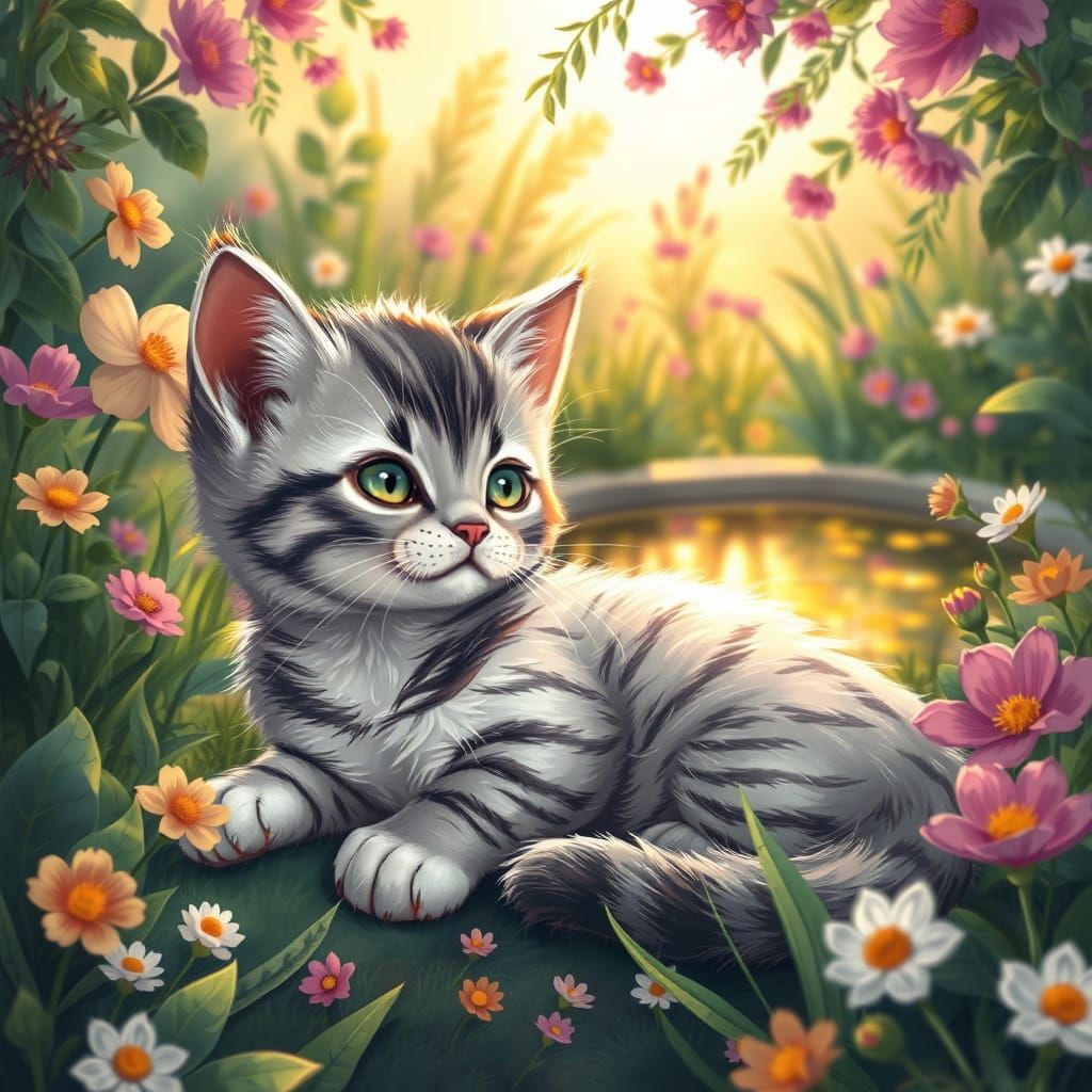 Dreamy Whimsical Boho Garden Scene with Kitten