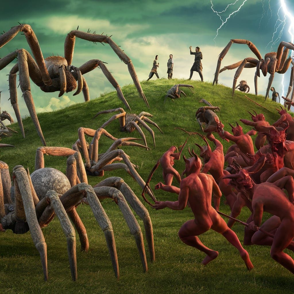 An army of 12-legged spiders fights an army of demons and de...